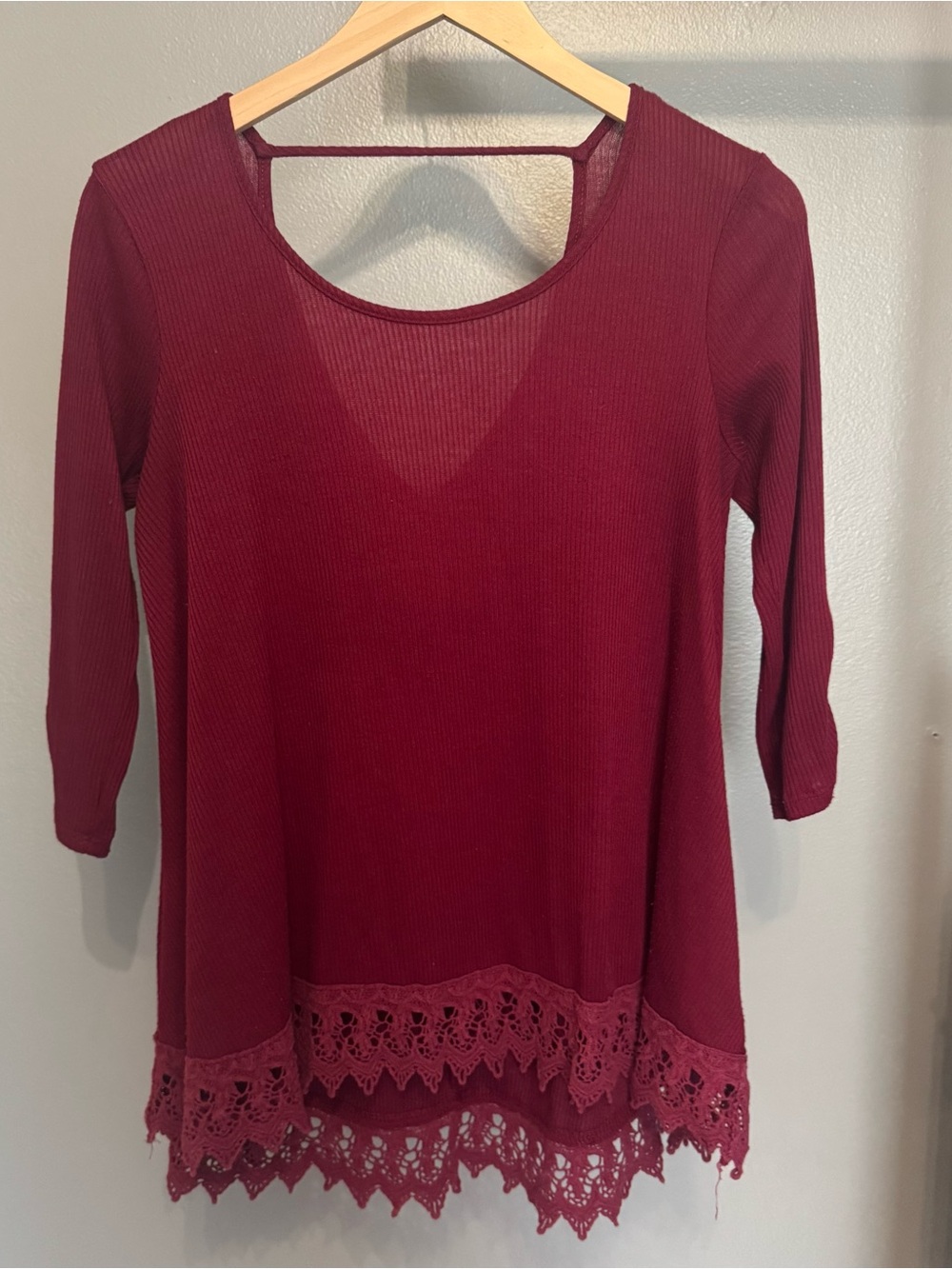 Maurices Ribbed Scoop-Neck Tunic with Crochet Hem - Burgundy